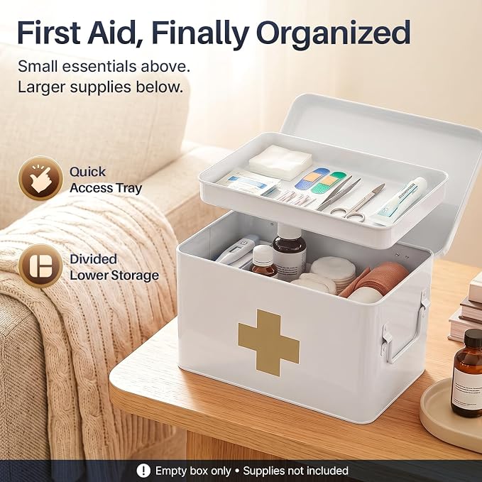 Flexzion Large Metal First Aid Box Empty, 13-Inch, White with Gold Cross | Vintage Medicine Box and First Aid Storage Organizer with Removable Tray and Dividers; Empty Box Only, Supplies Not Included