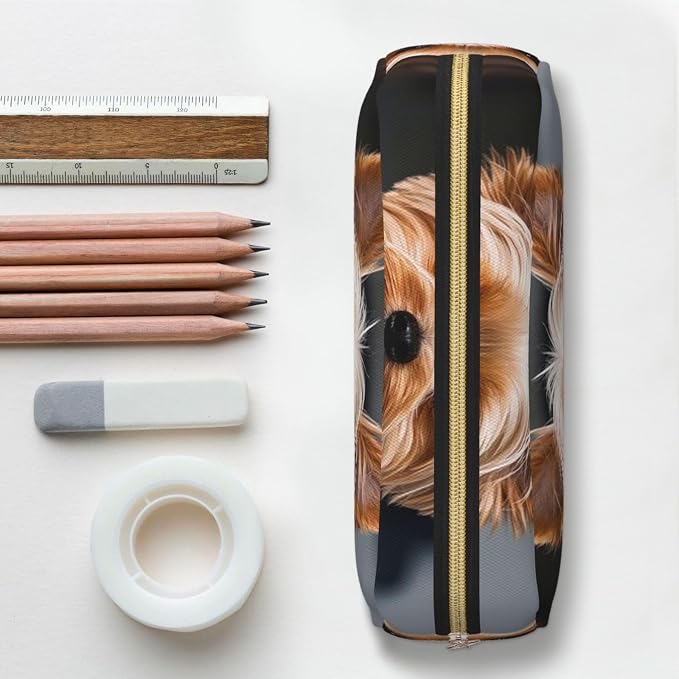 PU Leather Pencil Case Cosmetic Pencil Bags Makeup Pouch with Zipper | Cute Pet Yorkie Pen Pouch Portable Cosmetic Organizer Bag For Office Woman Man