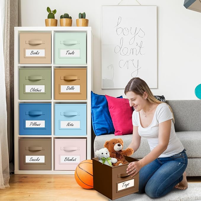 Teenyyou 10 Pack Fabric Storage Cubes 11 Inch Collapsible Cube Bins with Label Window & Handle Foldable Organizers Baskets for Shelf Closet Nursery Kids Room Clothes Book Toy(Boho)