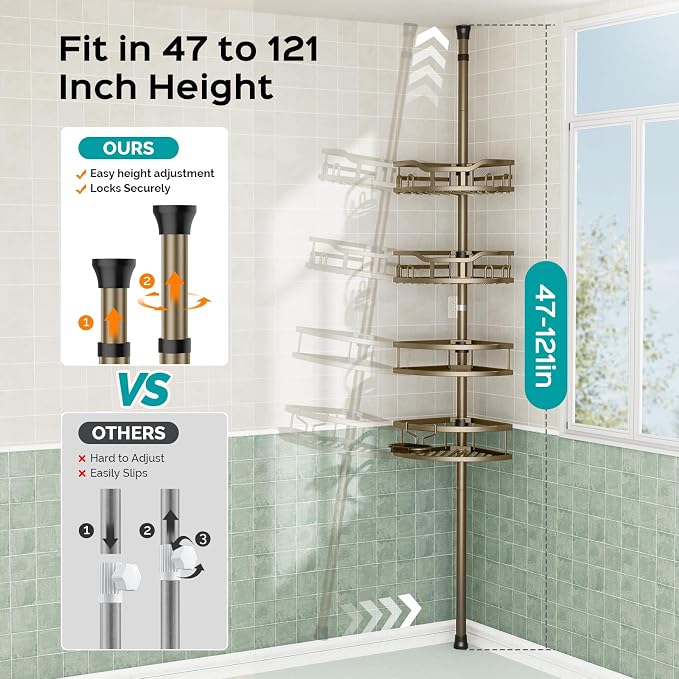 HAMITOR Shower Caddy Corner Tension Pole Adjustable No-Drill Bathroom Shelf | Rustproof Storage 4-Tier Shelves, 47-121 In Rod, With Hooks Towel Bar, Large Capacity Rv Dorm Needs, Home Decor, Tan Khaki
