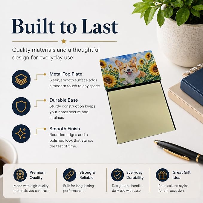 Caroline's Treasures Corgi in Sunflowers Watercolor Sticky Note Holder Refillable Dispenser Desk Accessory 3x3 Pad Gift