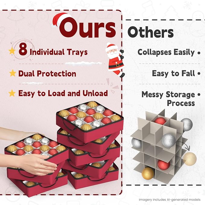 Sunvigor Christmas Ornament Storage Box with 8 Trays, Fits 128 Holiday Ornament Christmas Storage Container with Adjustable Dividers, Dual Zippers, 600D Oxford Christmas Decorations Storage(Rose Red)