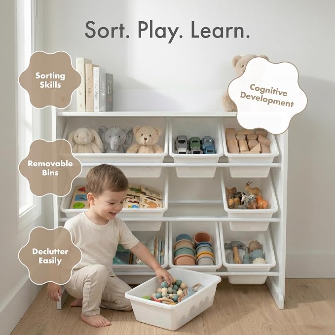Humble Crew Kids Toy Organizer with Display Shelf, 9 Bins, 3 Tier Storage | Sturdy wood and steel toddler shelf, removable BPA-free containers, wall anchor anti-tip safety kit for bedroom or classroom