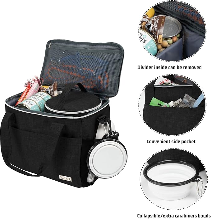BAGLHER Dog Travel Bag Backpack Pet Supplies Backpack Pet Accessories Storage Bag 5-Piece Set With Shoulder Strap 2 Lined Pet Food Containers 2 Foldable Feeding Bowls Essential Kit for Pet travel
