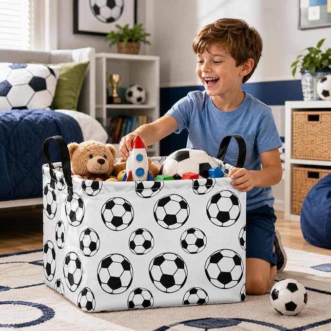 Football Storage Basket for Boys Room, Foldable Toy Organizer Bin | Cotton Linen Blend with Waterproof Lining, Sturdy Handles & Foldable Design for Toys, Clothes, Laundry and Home Organization