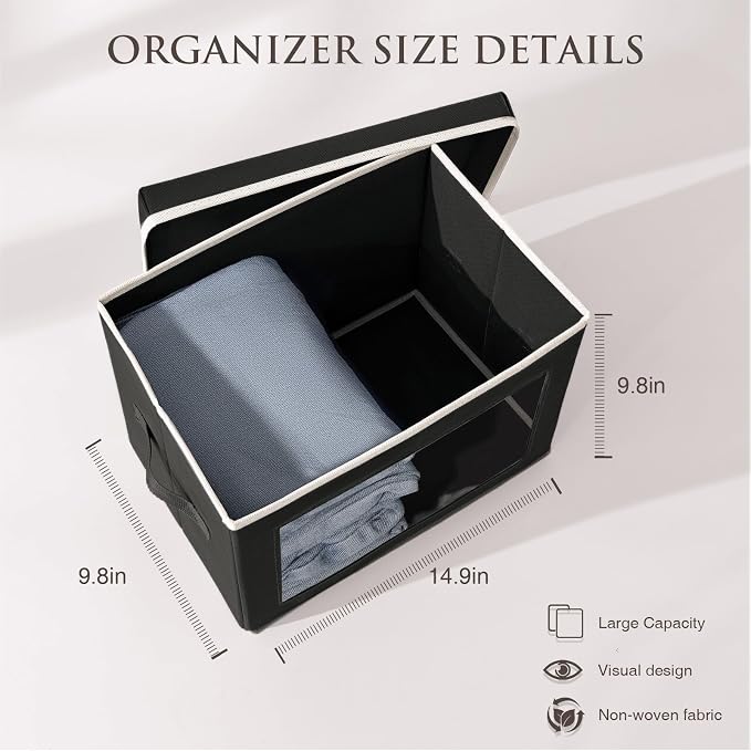 Stackable Storage Bins with Lids - Medium Storage Box with Lids, Foldable Closet Boxes for Organizing, Wardrobe Clothes Organizer with Window, Cubes Bins for Living Room, 5 Pack, Black