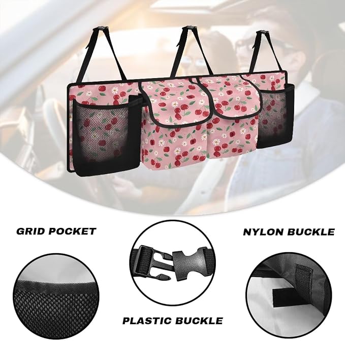Dreaweet Cute Trunk Organizer for Car Women Pink Cherry Print Car Storage Accessories Interior Car Trunk Organizer SUV Hanging Car Storage Back Seat Bag with 4 Pockets 3 Adjustable Straps