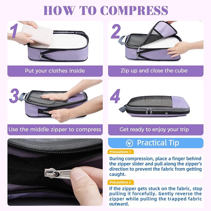 BAGAIL 4 Set/6 Set/8 Set Compression Packing Cubes Travel Accessories Expandable Packing Organizers(HalfMesh,8-Dusty Purple)