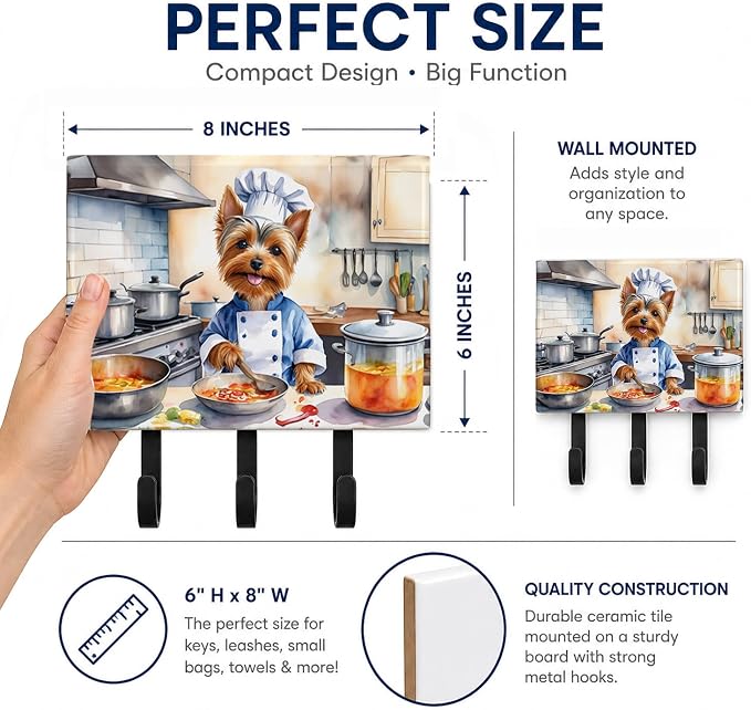 Caroline's Treasures Silky Terrier The Chef Leash or Key Holder Wall Hooks, Key Hooks Holder, Coat Rack Wall Mount, Coat Hooks, Hooks for Hanging Keys, Towels, Aprons, Leashes | Silky Terrier The Chef artwork on ceramic tile with three steel hooks for ...