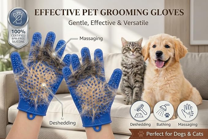 Pet Grooming Gloves – Soft Silicone Bath & Grooming Mitts for All Pets | Gentle Deshedding, Fur Removal, Washing & Massage Brush (Blue)
