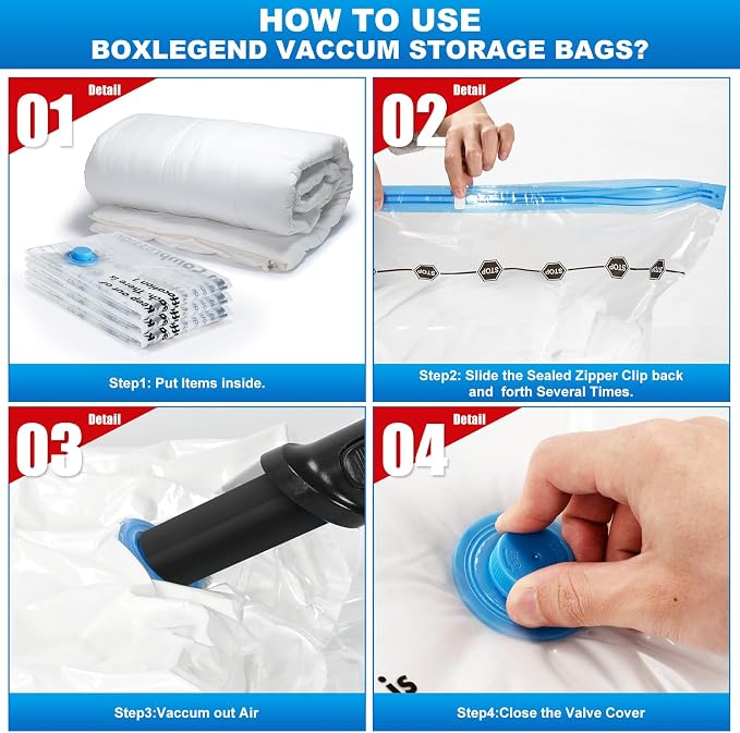 BoxLegend Vacuum Storage Bags with Large Hand Pump 12 Combo (3 Jumbo,3 Large, 3 Medium, 3 Small) Thickened Vacuum Seal Bags for Clothing Coat Bedding Quilt Blanket Pillow Comforters