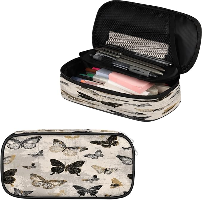 Pencil Case Pouch, Vintage Gold Black Butterfly Large Pen Bag with Zipper, Portable Zipper Pencil Pouch Organizer for Student Teen Girls Boys