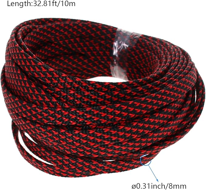 Heyiarbeit 10m/32.8ft PET Expandable Braided Sleeving 3/8-inch Width Flexible Wire Mesh Sleeve for USB Cable Power Cord Audio Video Cable - Protect Cat from Chewing Cords - Black Red