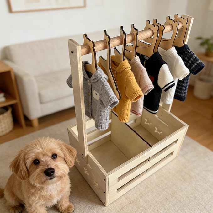 Wooden Pet Wardrobe Closet with 8 Clothes Hangers, Dog Storage Organizer with Clothes Rack, Cat Toy Accessories Storage Bin, Cat Wardrobe with Handle, Easy to Assemble