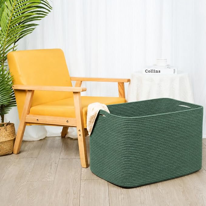 112L Extra Large Blanket Basket Holder Living Room, 25"x17"x16" Rectangle Rope Woven Storage Basket with Handles for Laundry, Towels, Shoes, Dog Toy Organizer Bin Box, Green