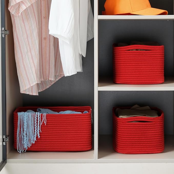 3 Pack Small Storage Baskets for Organizing, 11.8×7.8×5.1", Christmas Red | Woven Baskets for shelves, Cotton Rope Basket for Gifts Empty, Closet Organizer Bins with Handles, Cube Decorative Box