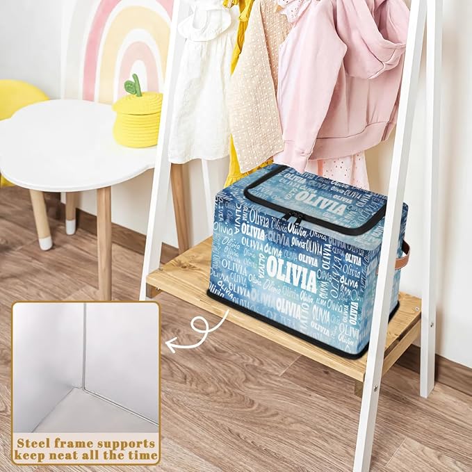Personalized Storage Bins with Zipper Lid, Customized Name Storage Basket Rectangle Clothes Organizer for Organizing Kids and Pets Toys Shelf Closet, Watercolor Blue Starry Night