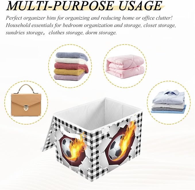 Football Fire Fabric Storage Bins with Lid Closet Bedroom 40L Fabric Bin | Decorative Storage Boxes, Foldable & Stackable, Dust-Proof Flip Top, Reinforced Handles, For Home & Dorm, Clothes & Toy Box