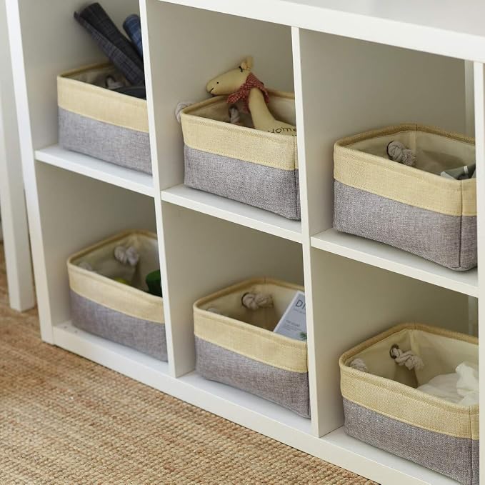 Storage Baskets for Organizing - 11.8x7.8x5.2 inch Small 6 Pack Storage Bins for Shelve, Farbic Storage cubes Organizer for Baby Toys Nursery (Gold & Grey)