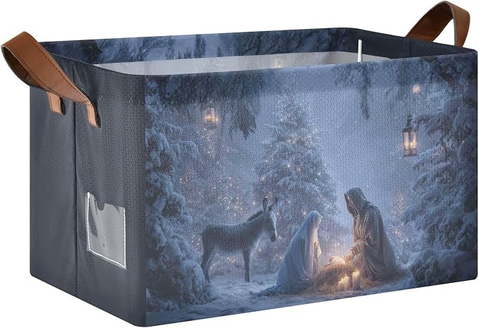 Christmas Nativity Scene Storage Basket Foldable Cube Storage Bins with Handles&Label Waterproof Collapsible Organizer Box Bin Large Rectangle Decorative Baskets for Shelves Home Room Laundry Indoor