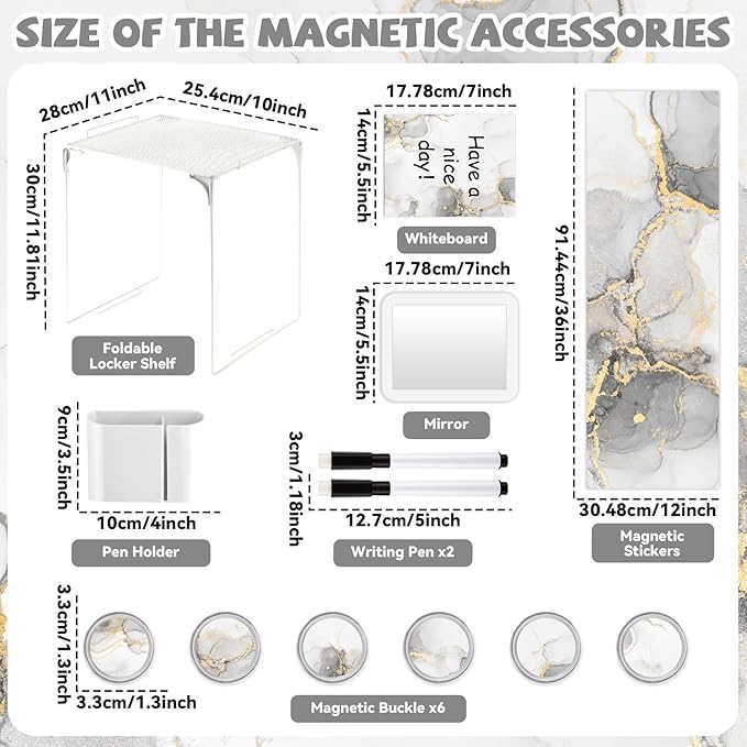 QOUBAI White Locker Accessories and Organizer Kit Include Marble Print Wallpaper Magnetic Mirror Whiteboard Pen Holder Magnet Locker Shelf Essentials for Back to School Supplies