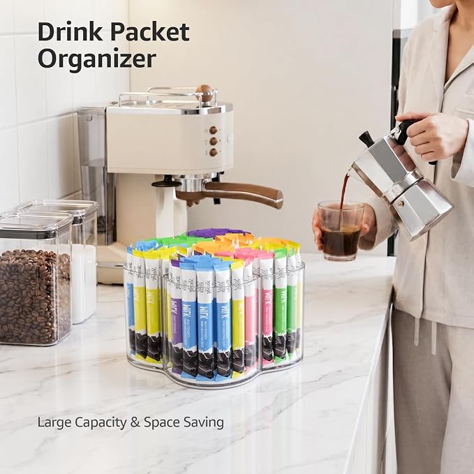 Drink Packet Organizer for Powdered Drink Mix, Divided Rotating Lazy Susan | Lazy Susan Turntable Organizer for Powder Packet, Clear Turntable Organizer Tray for Water Flavor Packets, Powder Mixes