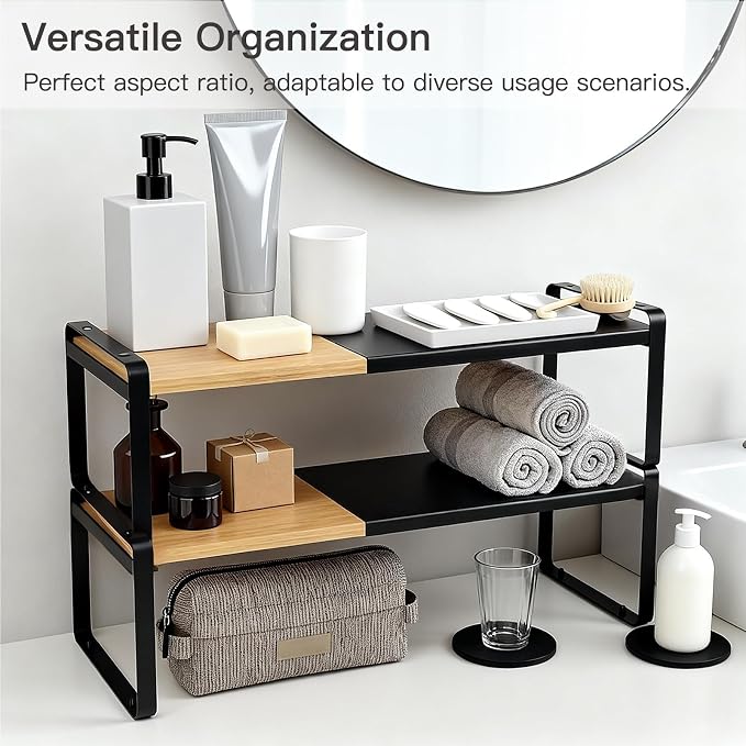Expandable Bamboo Dish Riser Shelf Riser Stackable Black | Expandable bamboo riser creates cabinet space, while anti-slip legs provide stable support for dishes without wire racks