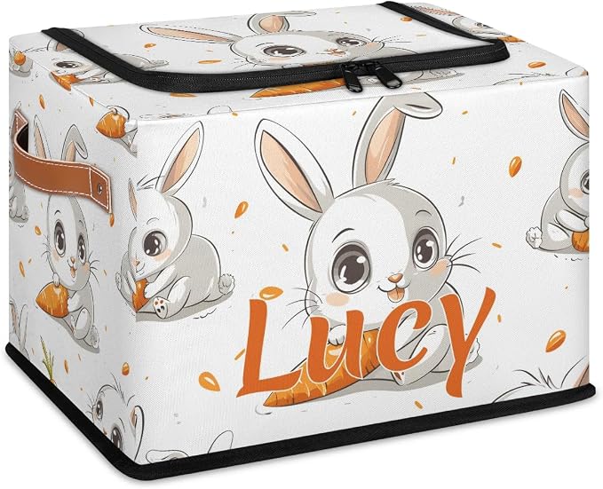 Custom Cute Rabbit Storage-Bin With Zipper Lid for Kids-Girls-Boys-Baby-Pet,Personalized Name Foldable Storage Box with Handle,Baby Basket With Label for Bedroom Nursery Toy Clothes