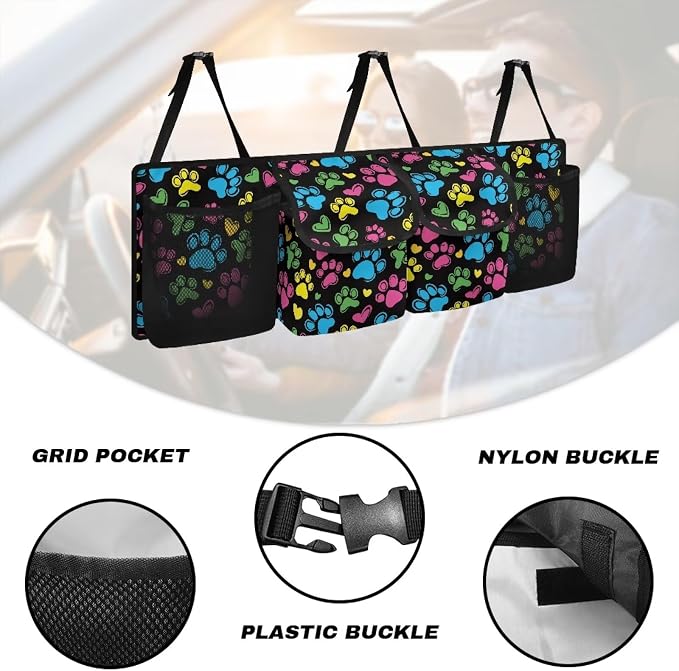 Dreaweet Colorful Dog Paw Print Car Trunk Organizer Backseat Hanging Large Storage with Adjustable Straps Car Cargo Trunk Storage Organizer Bag for Truck,SUV,Van
