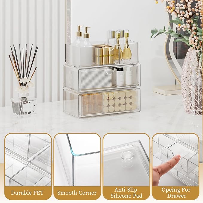 Medicine Cabinet Organizer with Removable Dividers, 3-Tier Stackable Drawer Storage for Bathroom, RV, Vanity, Countertop & Desk
