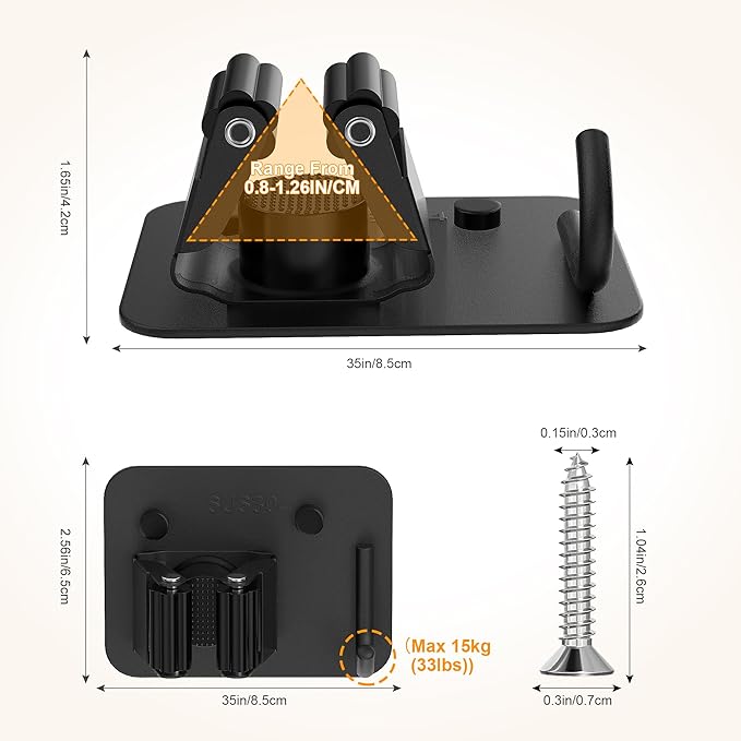 4 Pack Stainless Steel Heavy Duty Broom Holder Wall Mount with Hook, Black | Screw Drilling Broom and Mop Organizer Wall Hanging, Storage Rack for Laundry Garage Closet Garden Tool Organizer
