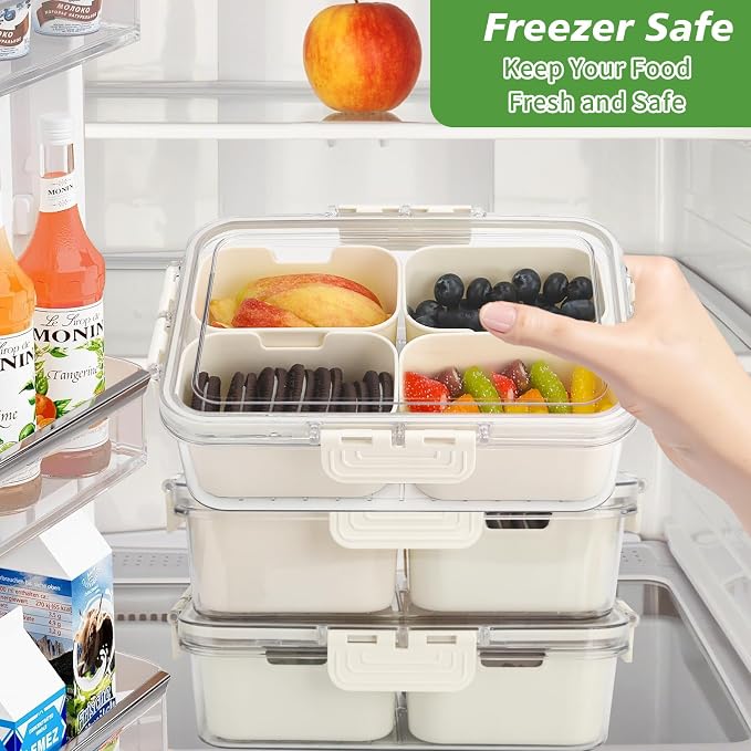 4 Compartment Snackle Box Container with Lid, Mini Divided Serving Tray | Portable Snack Platter Fruit Veggie Trays Snackele Box Containers for Charcuterie, Party, Snack, Nuts, Beach, Travel, Picnic