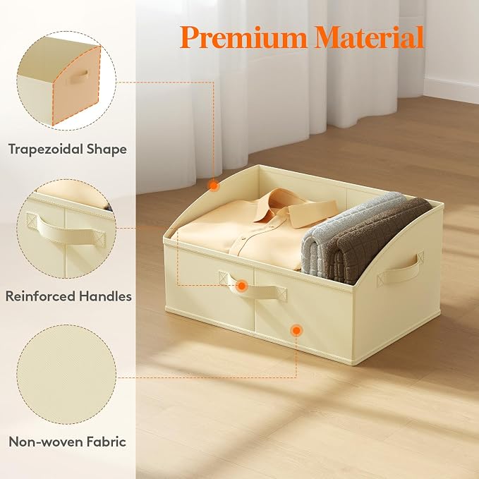 Lifewit Trapezoid Closet Storage Bin for Shelf, 6 Packs 19L, Beige | Non-woven Closet Organizer Baskets with Handles, Foldable Clothes Containers Boxes for Clothing, Book, Purse, Large