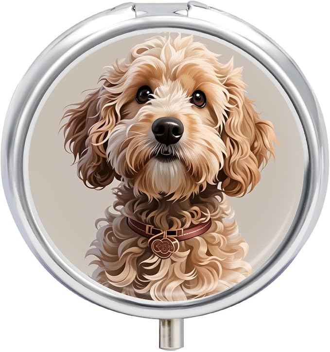 Cute Cockapoo Metal Pill Organizer with Mirror, 3-Compartment Travel Pill Box, 2-Inch Round Pocket Medicine Case with Secure Latch, Portable Vitamin Holder for Women & Men