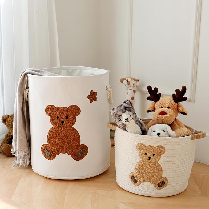 Cotton Rope Basket Toy Storage Baskets for kids Laundry Hamper, Gift Basket Empty Baby Shower Baskets with Handles, Cute Bins Blanket Stuffed Animal Storage for Nursery, Living Room Decor, Bear