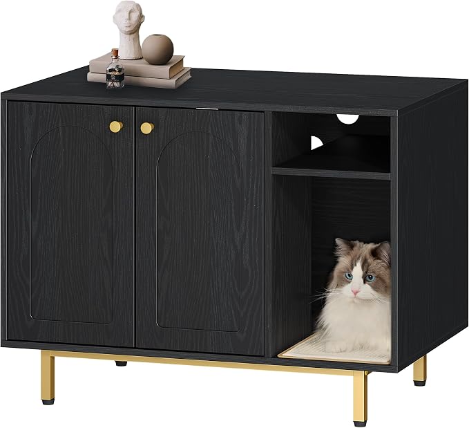Hzuaneri Cat Litter Box Enclosure, Hidden Litter Box Furniture with Storage | Large Wooden Cabinet with Sisal Mat, Modern Cat Washroom for Living Room, Bedroom, Entryway, Black and Gold CB01504G