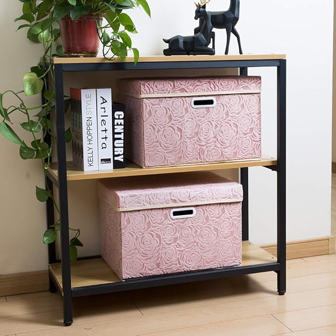 Larger Collapsible Storage Bin with Lid [1-Pack] Fabric Decorative Storage Box Cube Organizer Container Baskes with Handles Divider for Bedroom Closet Living Room Pink 17.7x11.8x11.8 Inch