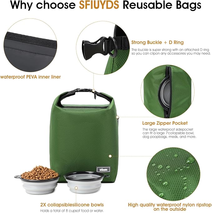 Dog Food Travel Bag with 2PCS Collapsible Dog Travel Bowls Air Tight Dog Food Storage Container(Green, Small)