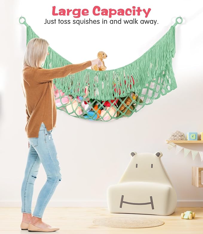 Stuffed Animal Hammock - Extra Large 63'' Long (Matcha green) | Premium Cotton Hand-knitted, Beautiful Long Tassel, Storage Hanging Organizer, Can Fit Stuffed Animals 40 Piece or More