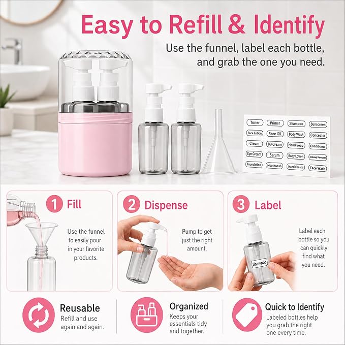 2-in-1 Travel Dispenser with 2 x 100 mL Bottles, Pink | 2 refillable 100 mL bottles, pump , included label stickers, compact design for toiletries, travel, gym