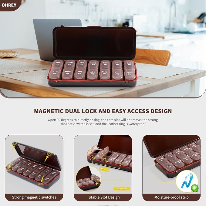 Pill Organizer 2 Times a Day, Weekly Travel Case for Vitamins, Fish Oils + 2 Detachable Cute Boxes (Brown)