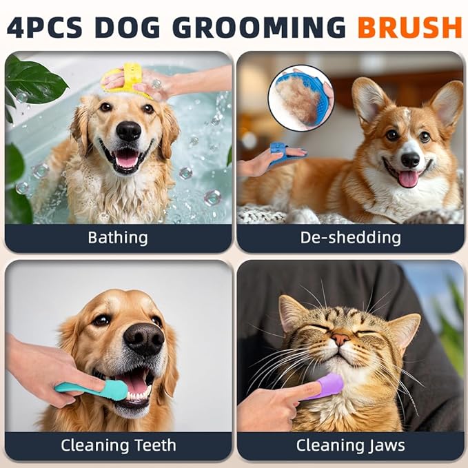4PCS Dog Bath Brush | Scrubber for Bath | Shampoo Brush | Toothbrush | Finger Toothbrush | Dog Shower/Washing Brush with Adjustable Ring Handle - Pet Bath Supplies (Blue Yellow)