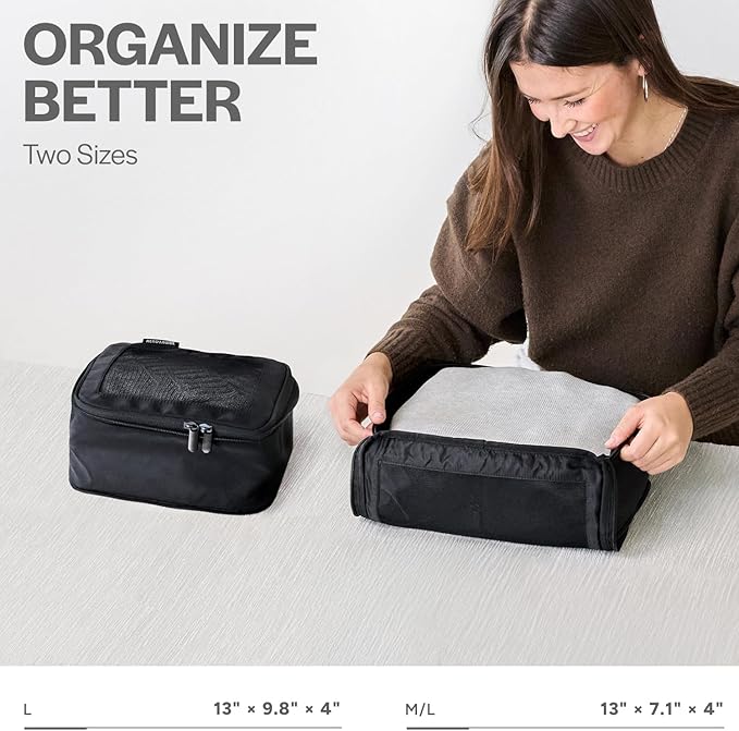 Compression Packing Cubes for Travel, 2-Pack, Black | Solves overpacking, 2-Piece set fits most carry-ons, 50% Space savings, Compression luggage organizer bags
