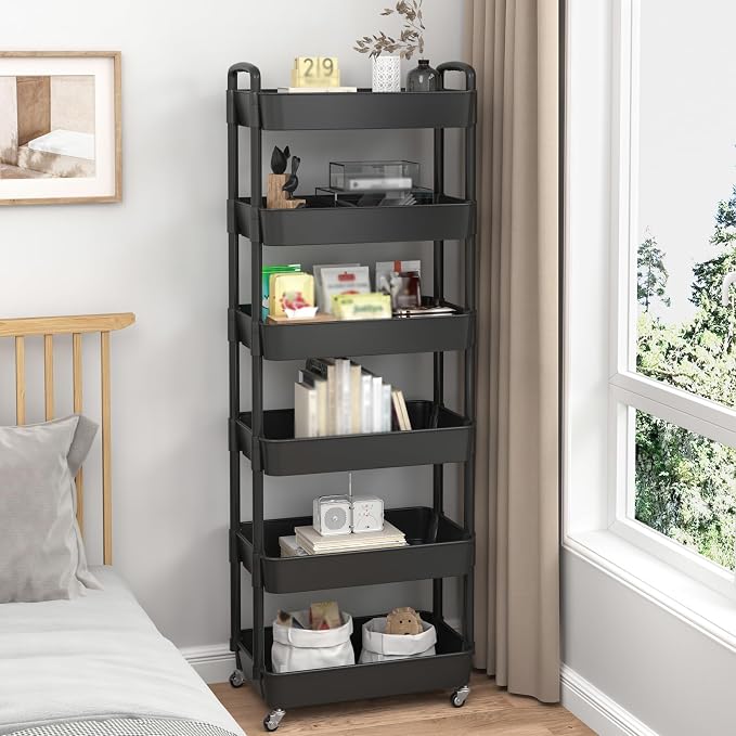 Sywhitta 6-Tier Plastic Rolling Utility Cart with Wheels for Storage,Black | Multi-Functional Storage Trolley, for Office, Living Room, Kitchen, Bathroom,Movable Organizer,Space-Saving,Easy to assemble