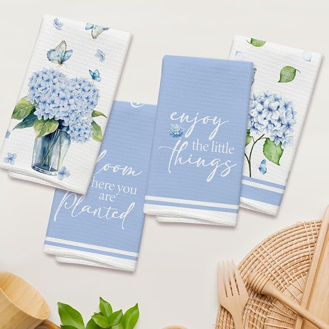 Hydrangea Blue Kitchen Towels and Dishcloths Set of 4, Sweet Home Decorative Hand Towel Drying Cloth for Bathroom Baking, Housewarming Gift for Hostess, Women, 16x24 Inches -08