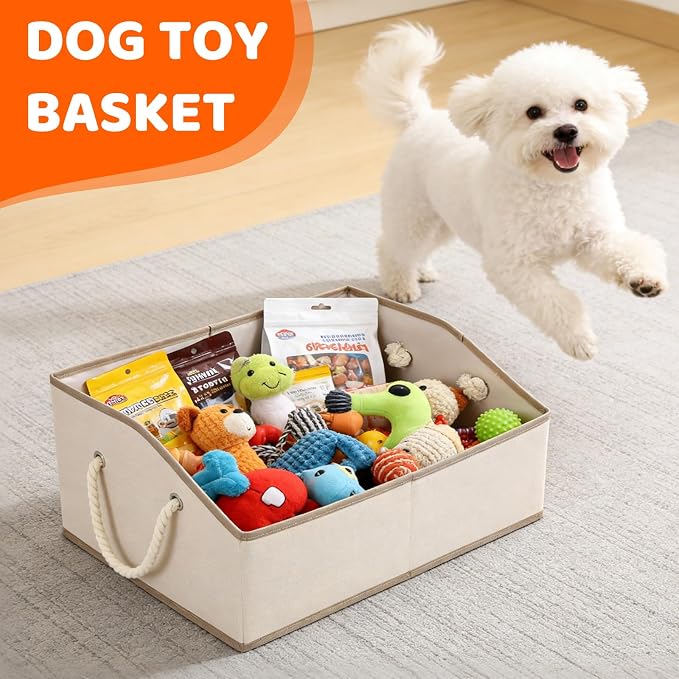 Dog Toy Basket With Handle, Foldable Dog Toy Box for Living Room Area, 20" Basket for Dog‘s Toys, Clothes, Organizers and Storage with Hard Board, Anti-slip for Pet Toys
