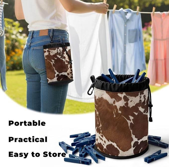 Cow Print Clothespin Bag with Hanging Hook for Clothesline Outdoor Summer Laundry Clothes Pin Holder Portable Pin Storage Organizer for Home Balcony Travel