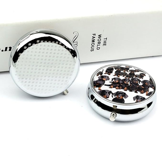 Dachshund Weiner Pet Dog Round Metal Pill Organizer 3 Compartment Travel Pill Case with Mirror Waterproof & Leak-Proof for Daily Meds Vitamins Supplements Fits in Purse Pocket Bag