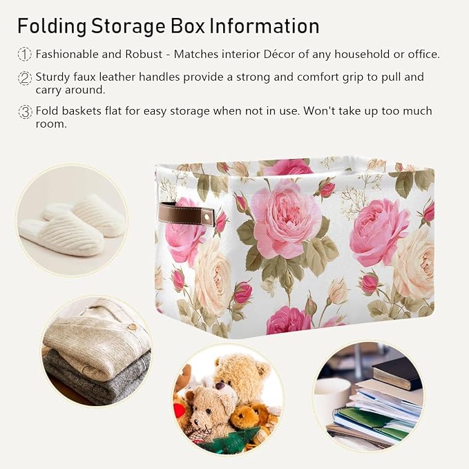 susiyo Large Foldable Storage Bin Floral Pink Roses Fabric Storage Baskets Collapsible Decorative Baskets Organizing Basket Bin with PU Handles for Shelves Home Closet Bedroom Living Room-1Pack
