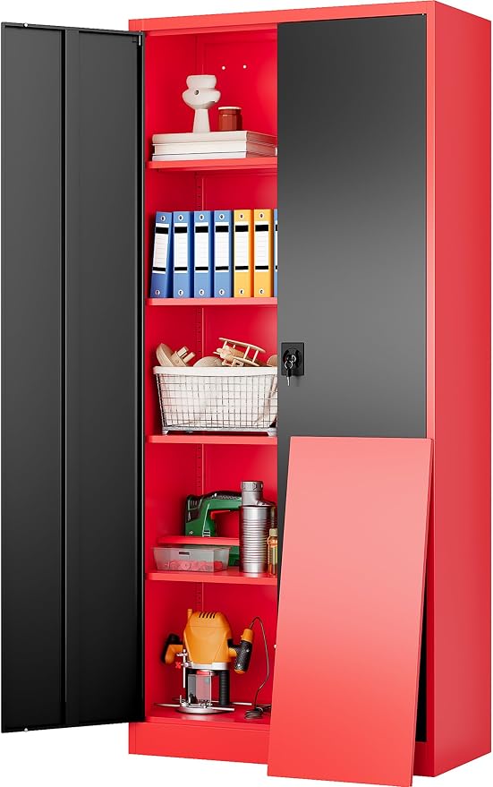 Wide & Deep Metal Storage Cabinet with Lock & Adjustable Shelves,72" Red Black Garage Storage Cabinet with Locking Doors,Lockable Cabinets for Home,Office,Shop,Garage,Basement 72x36x18